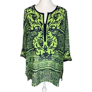 Gretchen Scott Goddess Tunic Top Lime Green Navy Blue Embroidered Sheer XL